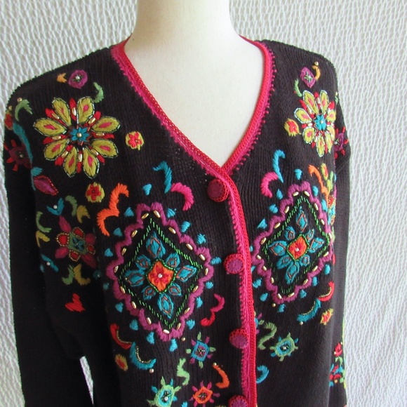 Funky Colorful Art-to-Wear Embroidered Cardigan Sweater Work in Progress Sz L - Picture 3 of 12